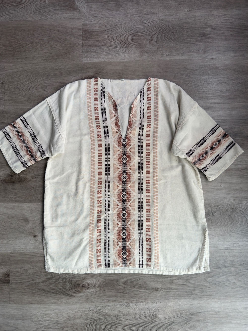 Vintage Boho Embroidered Tunic Shirt Cream Folk Art XL